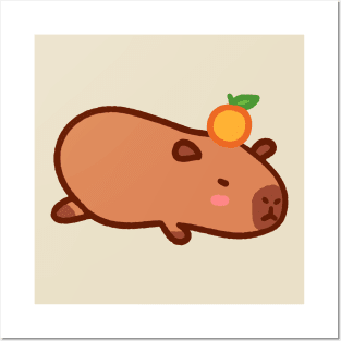 Cute Lazy Capybara with Orange on Head Posters and Art